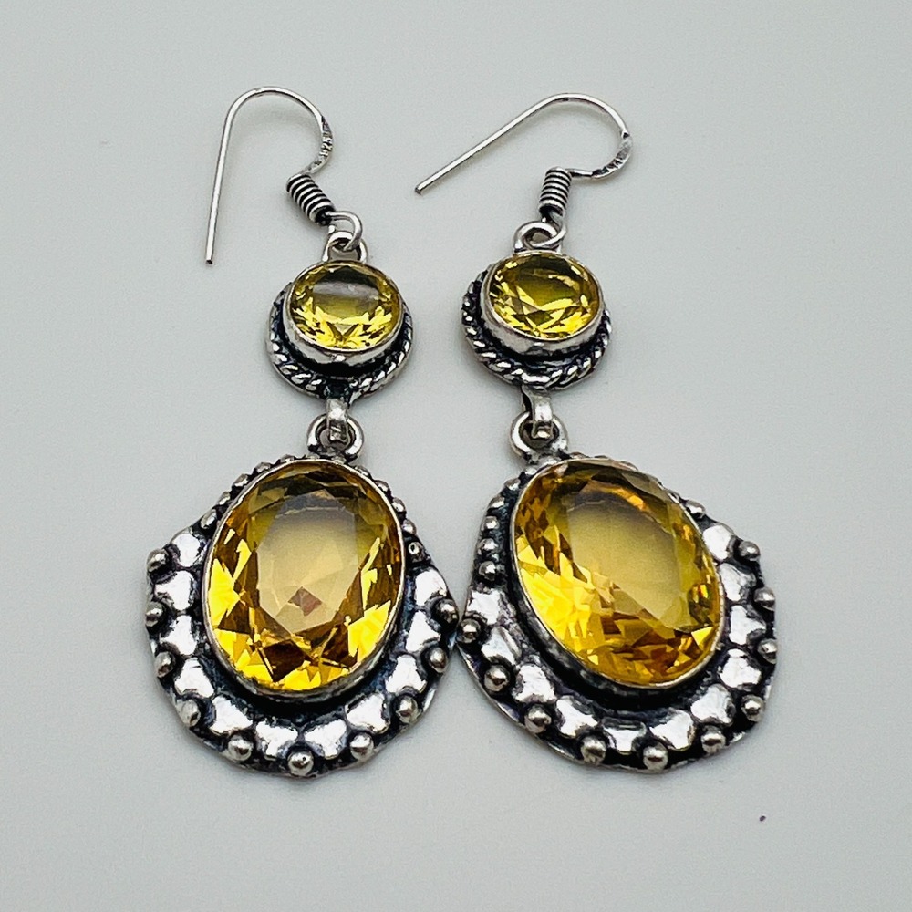 Yellow Glass Stone Dangle Earrings Pierced Silver Tone Statement Artisan Drop